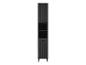 Zwarte hoge kast met twee deuren en twee open planken.
