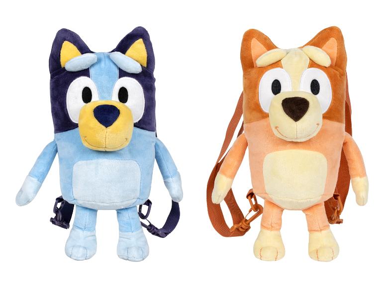Twee pluche rugzakken in de vorm van de personages Bluey en Bingo.