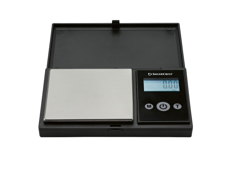 Open digitale zakweegschaal, toont 0.00 g en drie knoppen.