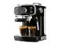Koffiezetapparaat met twee kopjes espresso, zwart met chromen details.