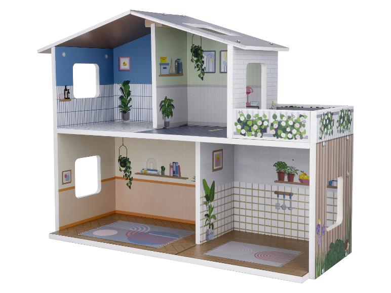 Houten poppenhuis met twee verdiepingen en vier ingerichte kamers