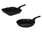 Twee zwarte pannen, een grillpan en een koekenpan, op een witte achtergrond.