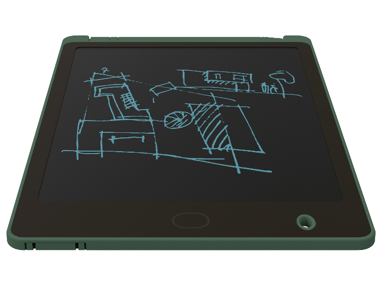 Een groen digitaal schoolbord met een handgetekende tekening.