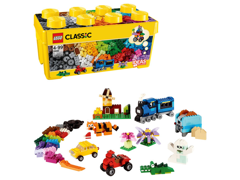 LEGO Classic doos met gekleurde LEGO stenen en bouwideeën, waaronder een trein en een auto.