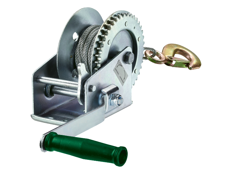 Een handmatige stalen lier met een groene hendel.