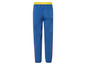 Blauwe joggingbroek met gele tailleband en rode strepen.