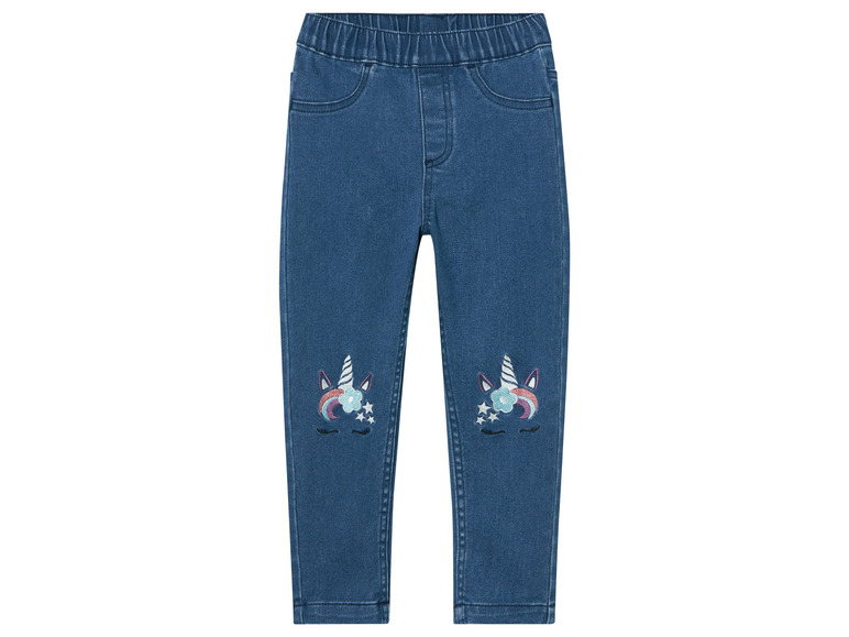 Blauwe spijkerbroek met unicorn-print voor meisjes.