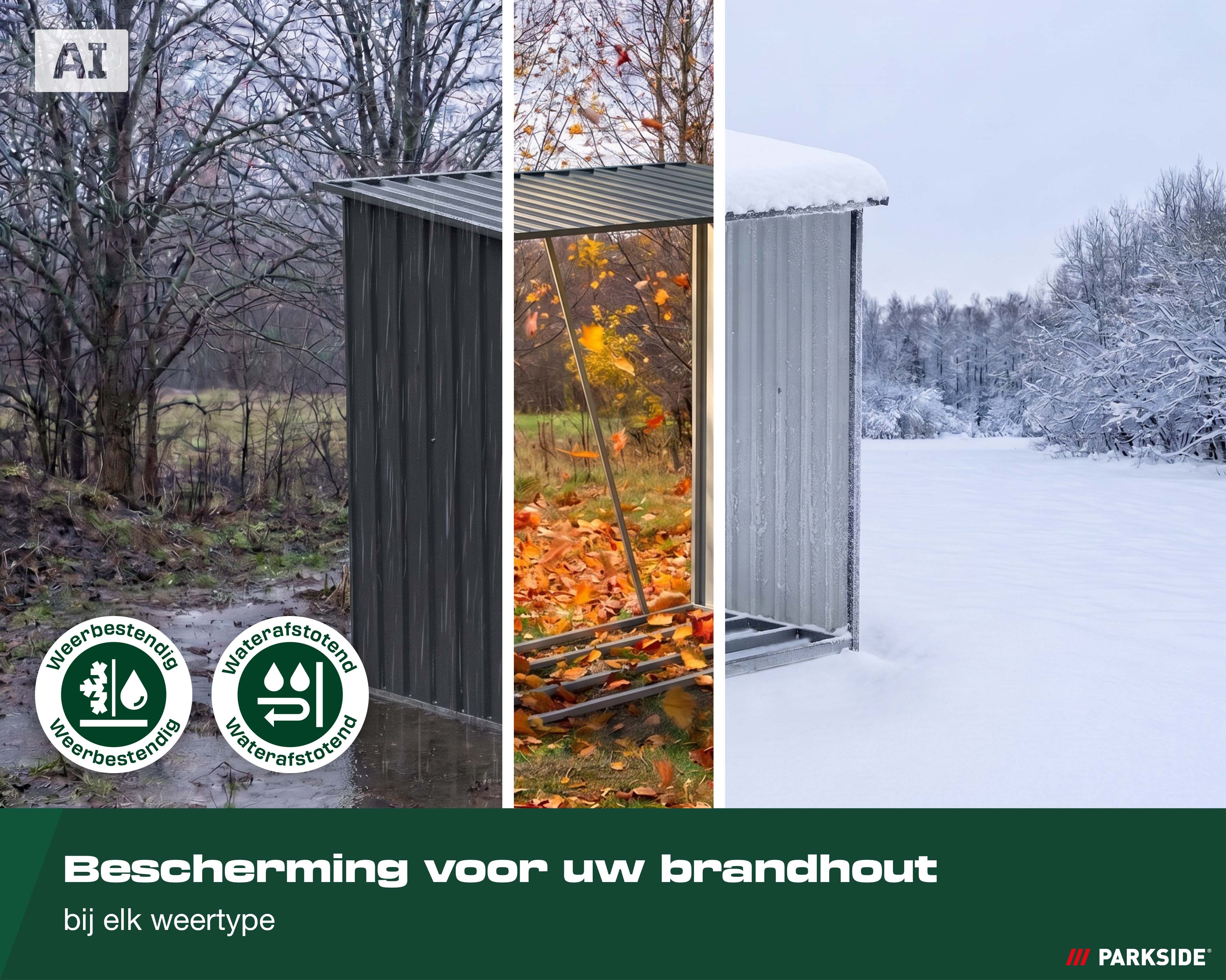 Parkside brandhoutopslag getoond in drie seizoenen (lente, herfst, winter) met de tekst: Bescherming voor uw brandhout bij elk weertype