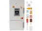 Witte speelgoedkoelkast met waterdispenser en diverse speelgoedvoedsel.
