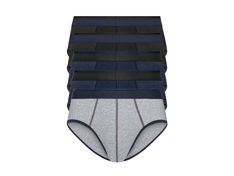 Een stapel van zes grijze en blauwe onderbroeken.