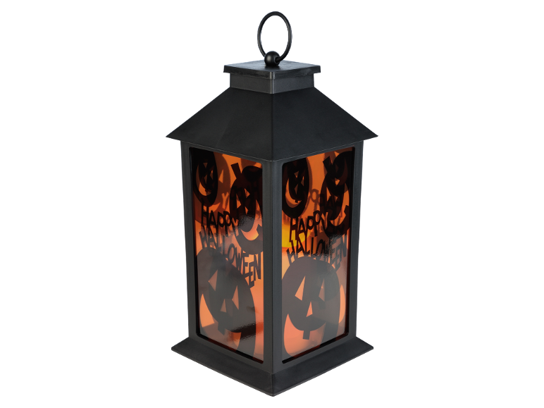 Zwarte Halloween lantaarn met oranje gloed, pompoenuitsparingen en 'Happy Halloween' tekst.