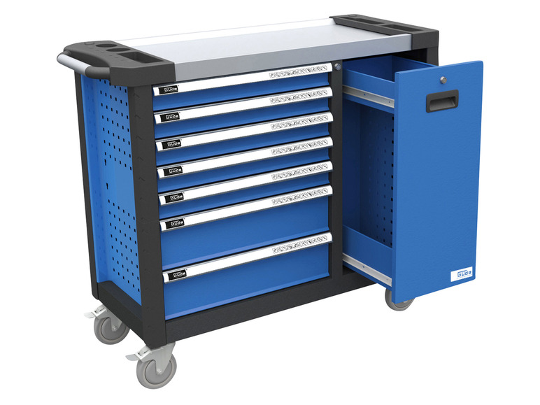 Een blauwe gereedschapswagen met 7 laden en een kast van Güde.
