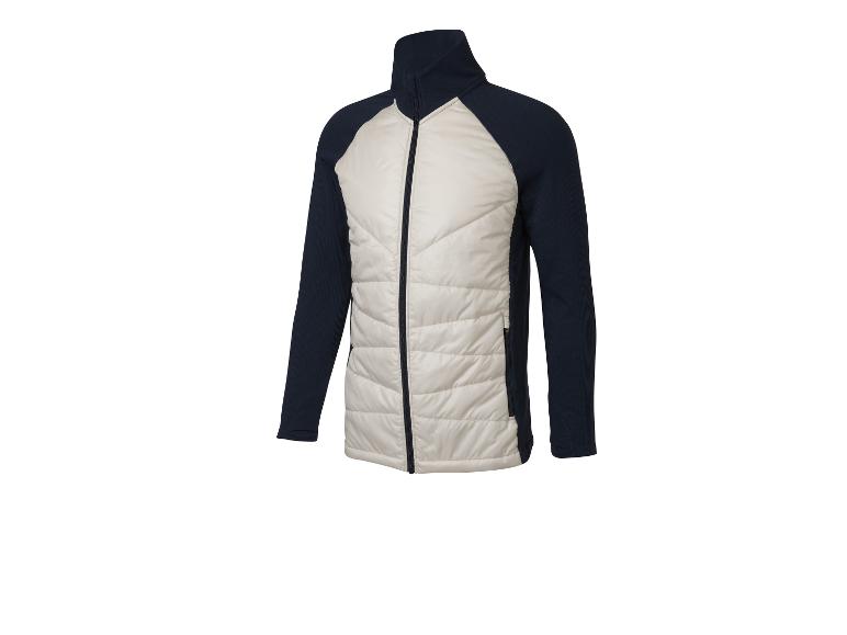 Een donkerblauwe en beige gewatteerde jas met rits.