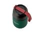 Groene thermosbeker met een zwart deksel en een rood handvat, van bovenaf gezien.