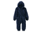 Blauwe fleece baby overall met capuchon.