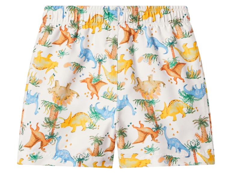 Witte zwemshort met een kleurrijke dinosaurus- en palmbomenprint.