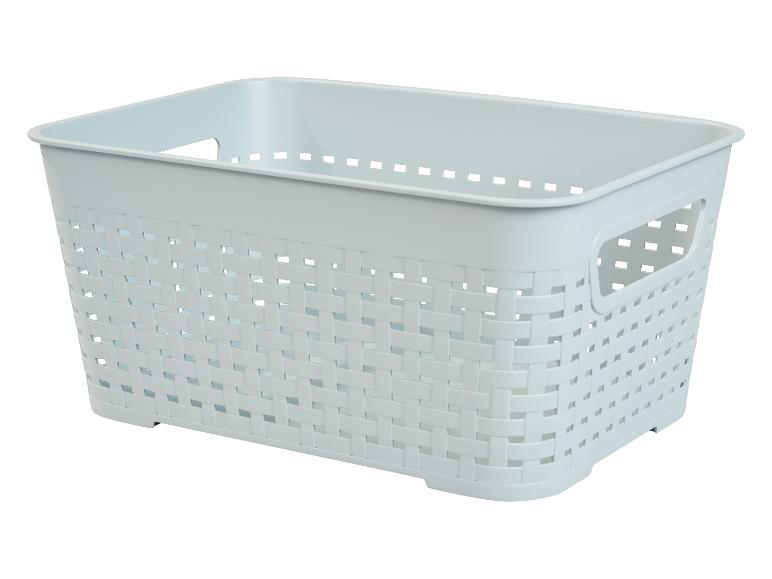 Lichtblauwe rechthoekige plastic opbergmand met gevlochten design