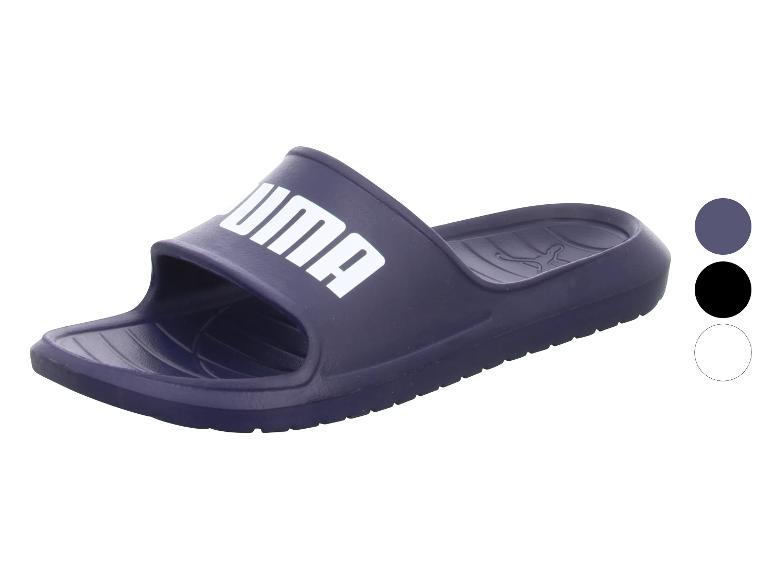 Blauwe zwembadsandalen met wit logo, met zwarte en witte kleuropties.