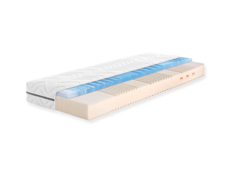 Een doorsnede van een matras met schuimlagen en een toplaag.