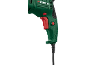 Groene boormachine met rode knoppen en een zwart netsnoer.