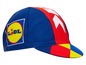 Een blauwe fietsmuts met het Lidl-logo en rode en gele details.