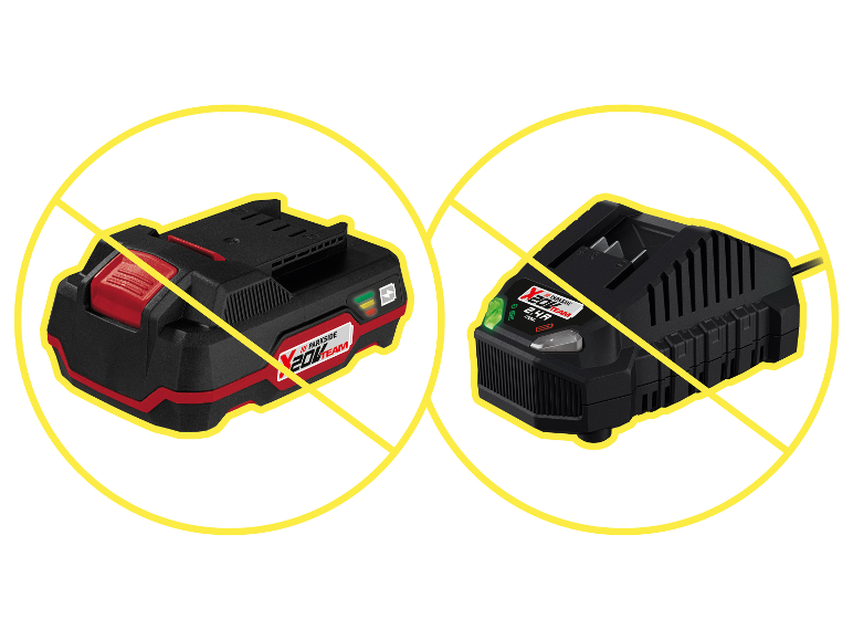 PARKSIDE® 20V accu en oplader met doorgestreepte cirkels, wat aangeeft dat ze niet zijn inbegrepen