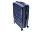 Blauwe hardschalige koffer met wielen en cijferslot.