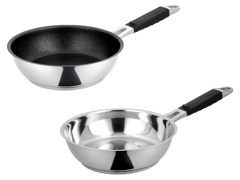 SILVERCREST® Premium-Edelstahlpfanne: twee roestvrijstalen pannen, één met antiaanbaklaag.