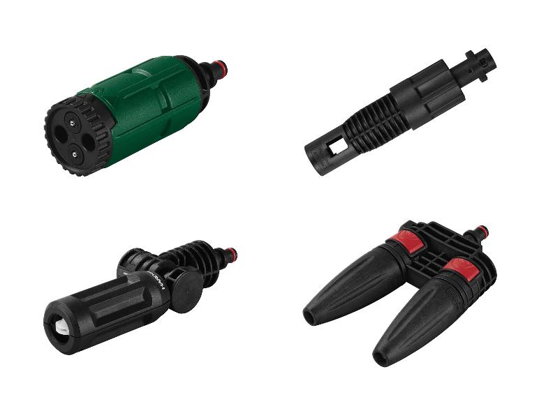 Vier verschillende opzetstukken voor tuinslangen, waaronder een sproeier en een verdeler.