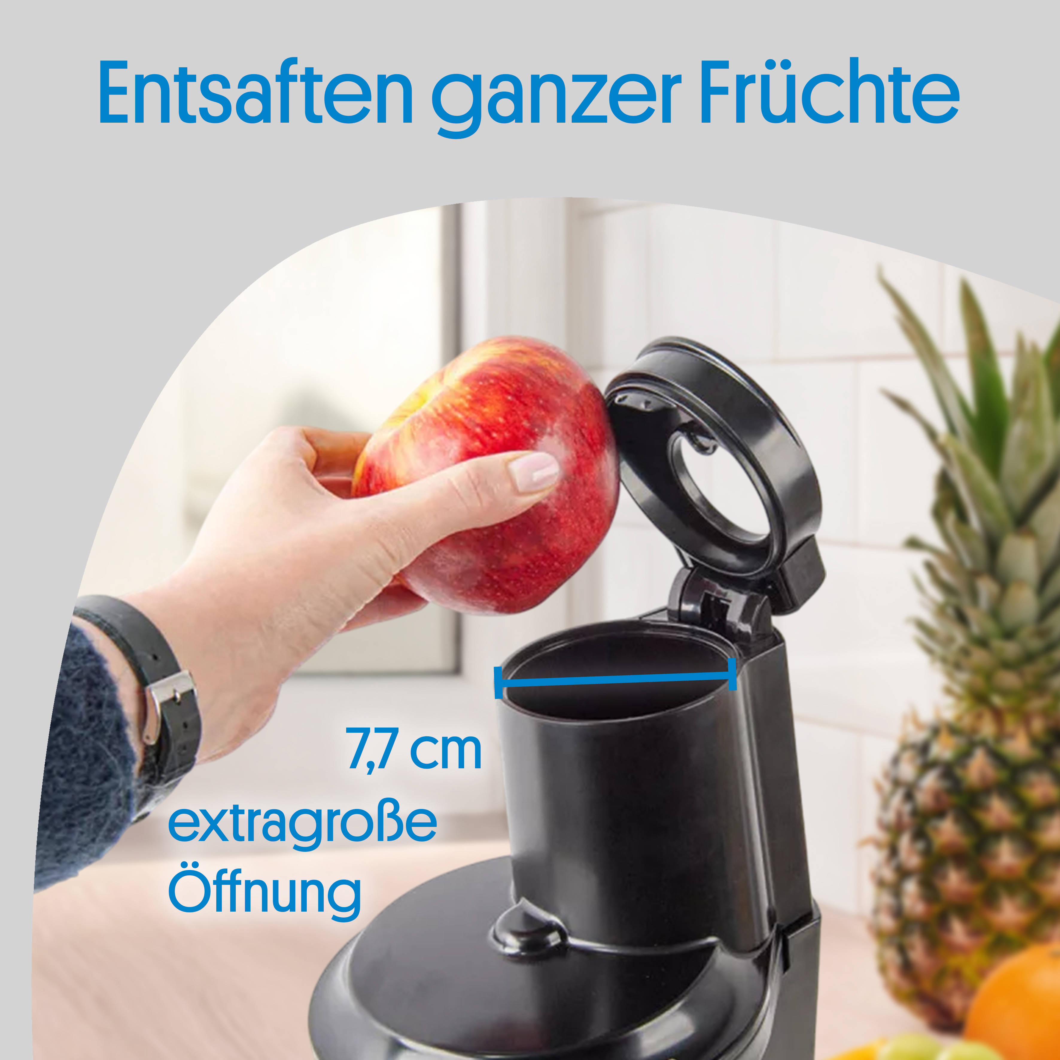 Hele vruchten sapgeven dankzij 7,7 cm extra grote opening.