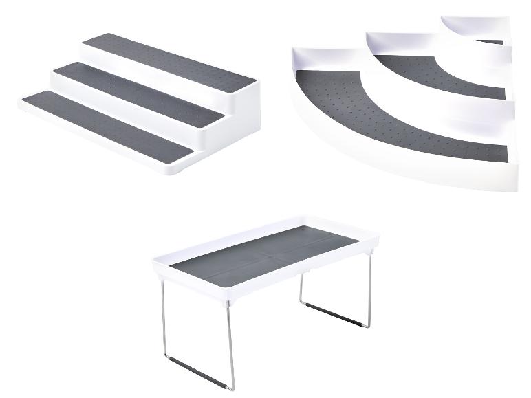 Drie verschillende soorten keukenrekken: een drielaags, een hoekrek en een opklapbaar rek.