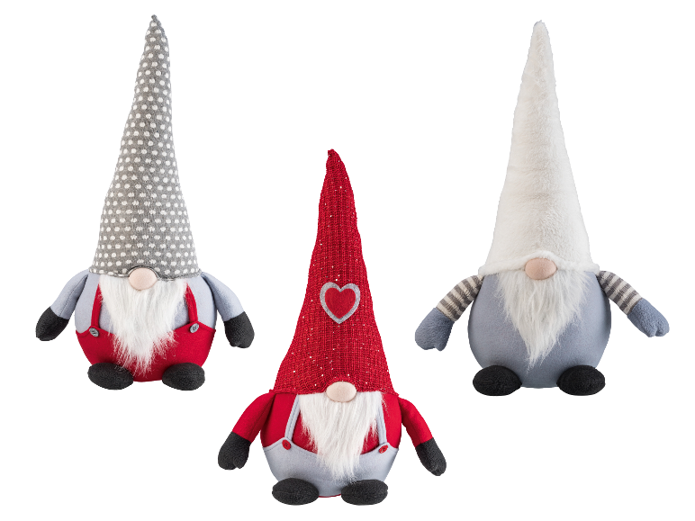 Drie decoratieve kabouters: één grijs met stippen, één rood met hart en één wit pluizig.