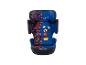 Blauwe kinderautostoel met Mickey Mouse-thema.
