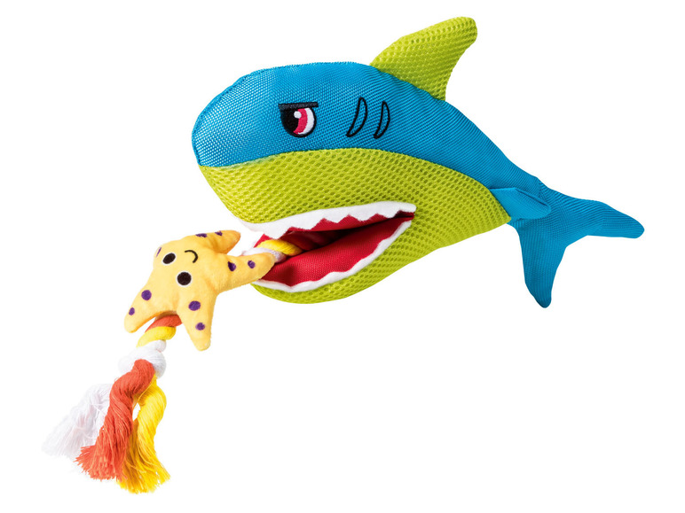 Een blauwe haaien-speeltje met een stervormige touw-speeltje.