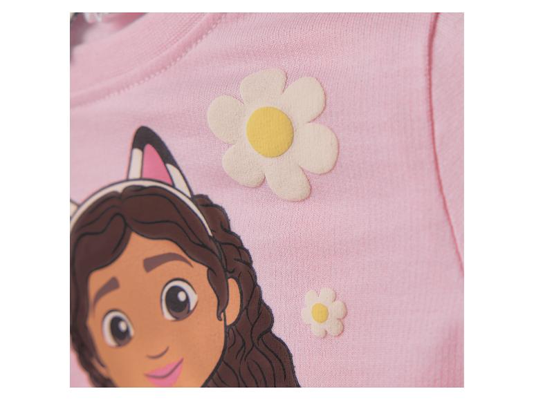Roze kinderhoodie met stripfiguur en bloemenapplicaties.