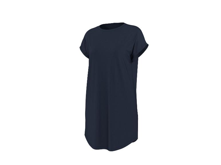 Donkerblauwe T-shirtjurk voor dames met opgerolde mouwen.