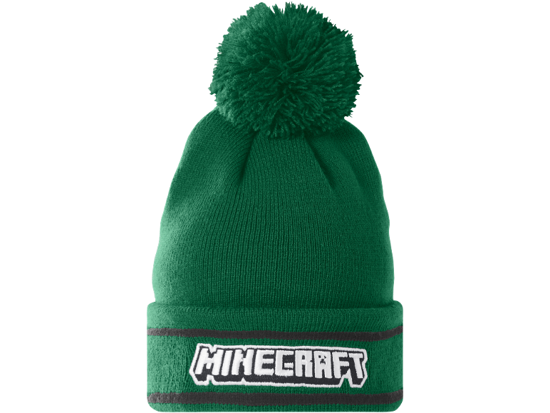 Groene gebreide muts met pompon en logo van een populair spel