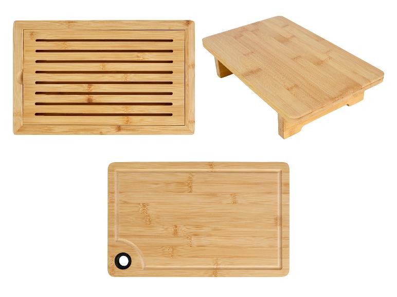 Bamboe snijplanken en messenblok: grote plank, kleine plank en blok.