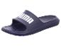Blauwe zwembadslipper met wit logo op de band