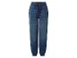 Blauwe kinderjeansjoggers met elastische tailleband en trekkoord.