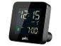 Zwarte digitale wekker met display dat 12:15 AM en wekker op 7:00 AM toont.