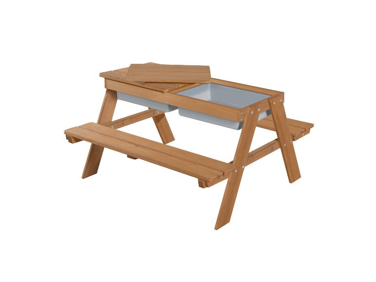 Houten kinderpicknicktafel met twee geïntegreerde speelbakken en deksels.