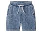 Blauwe denim-look shorts met elastische tailleband en wit trekkoord.