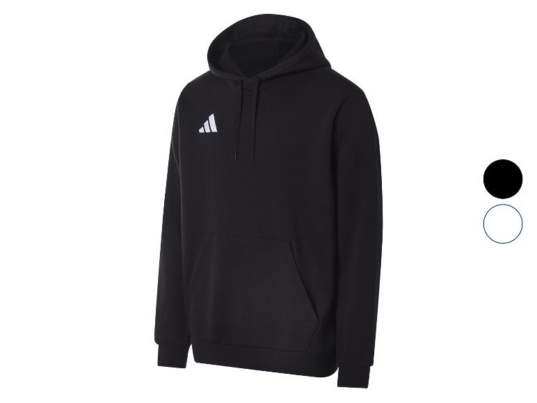 Zwarte hoodie met wit logo op de borst, voorzien van een kangoeroezak