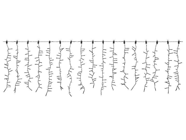 LED-lichtgordijn met zwarte draden en witte lampjes, op een witte achtergrond.
