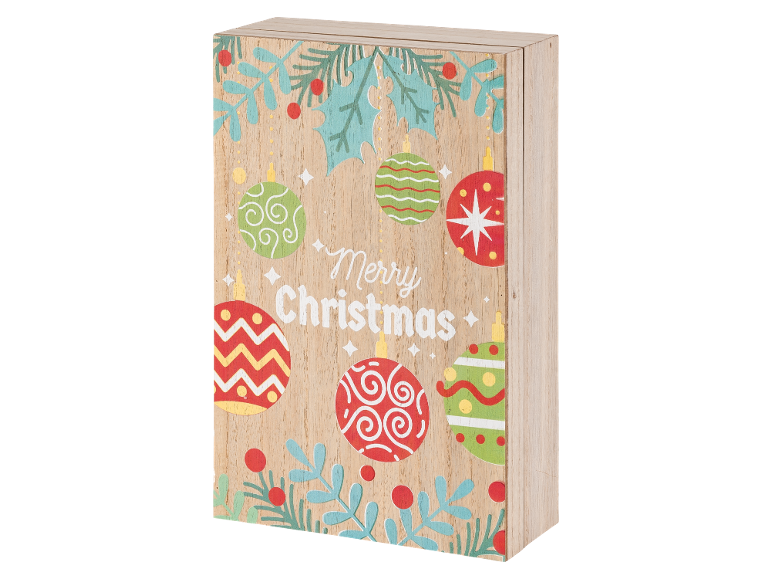 Houten kerstbord met de tekst «Merry Christmas» en kerstballen.