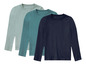 Drie effen longsleeves in lichtblauw, turkoois en donkerblauw.
