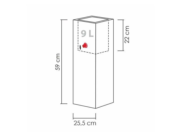 Schematische tekening van een rechthoekige container met een inhoud van 9 liter.