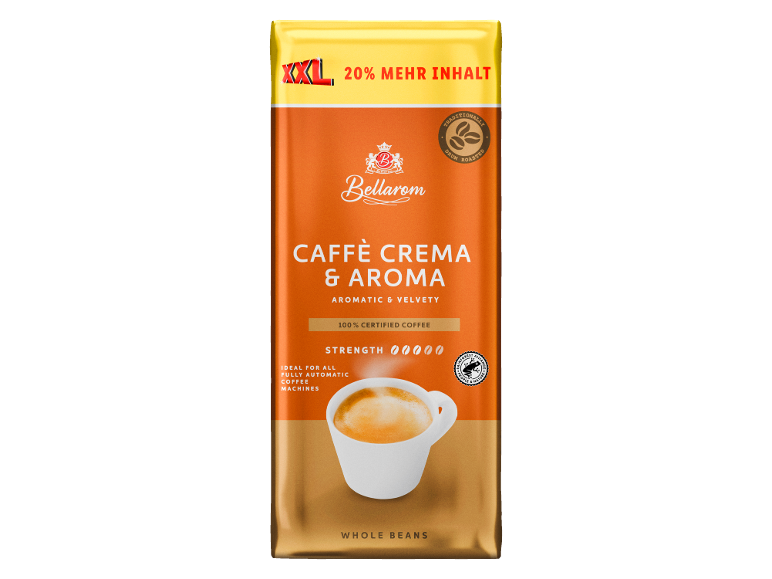 Koffieverpakking met de tekst 'XXL 20% MEHR INHALT', 'CAFFÈ CREMA & AROMA' en een kopje koffie.
