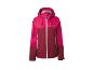 Tweekleurig roze en bordeauxrood dames outdoorjack met capuchon en witte rits.